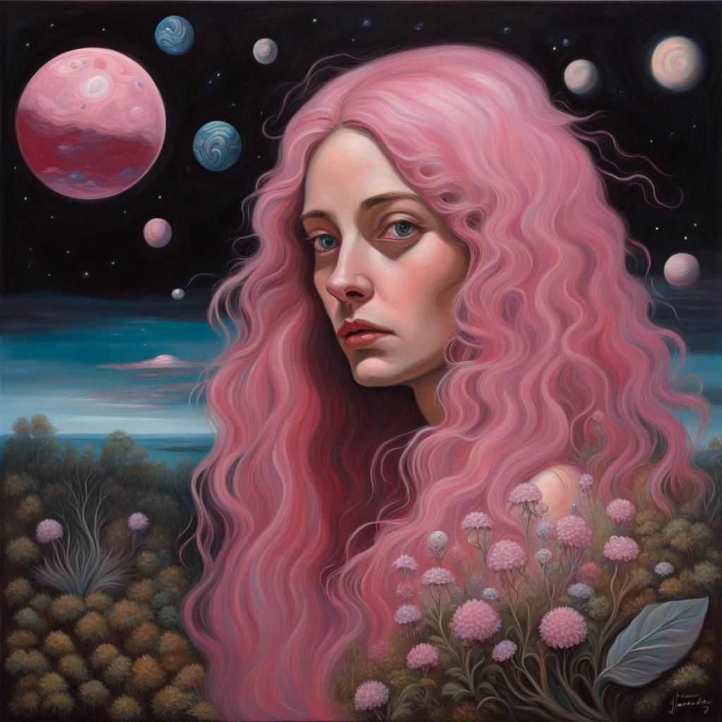 Surreal Pink Woman Portrait in Oil Painting Style