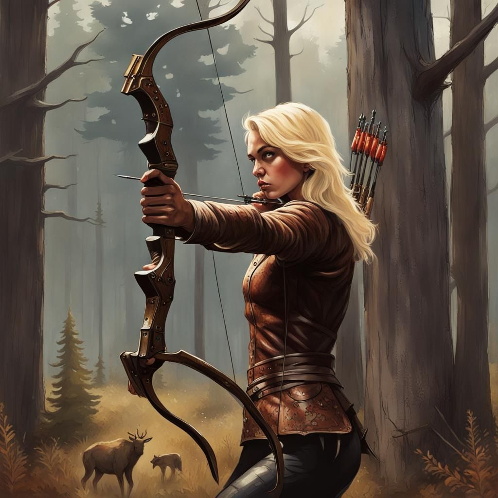 Blonde Archer Aiming at Elk, Sinister Style