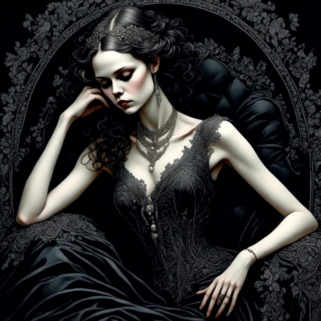 Gothic Glamour: Elegant Dark Scene in Black and White