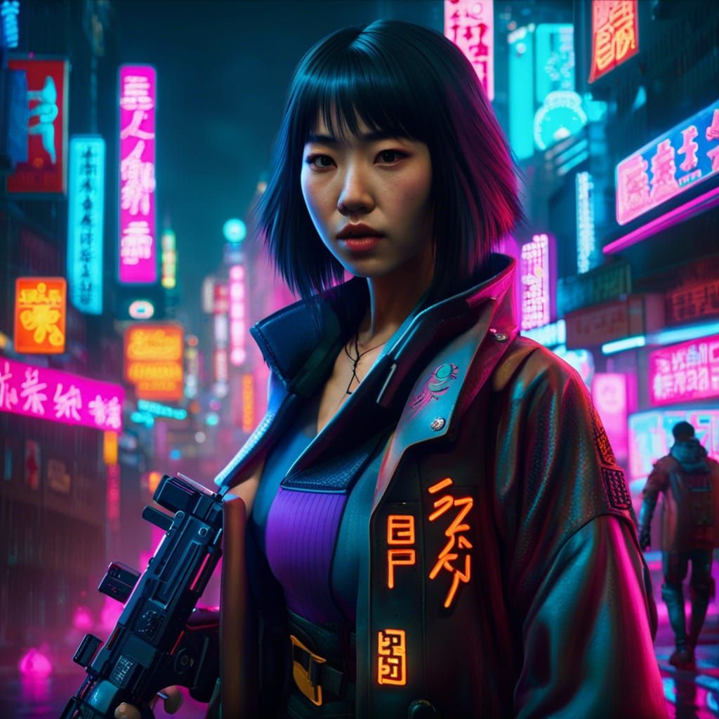 Cyberpunk Asian Girl with Gun in Neon Japanese Street