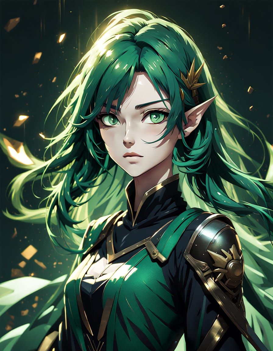 Anime Girl in Green Dress with Emerald Eyes