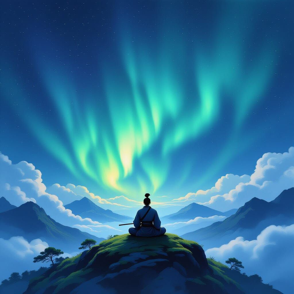 Samurai Meditating Under Aurora Sky in Japanese Ink Style