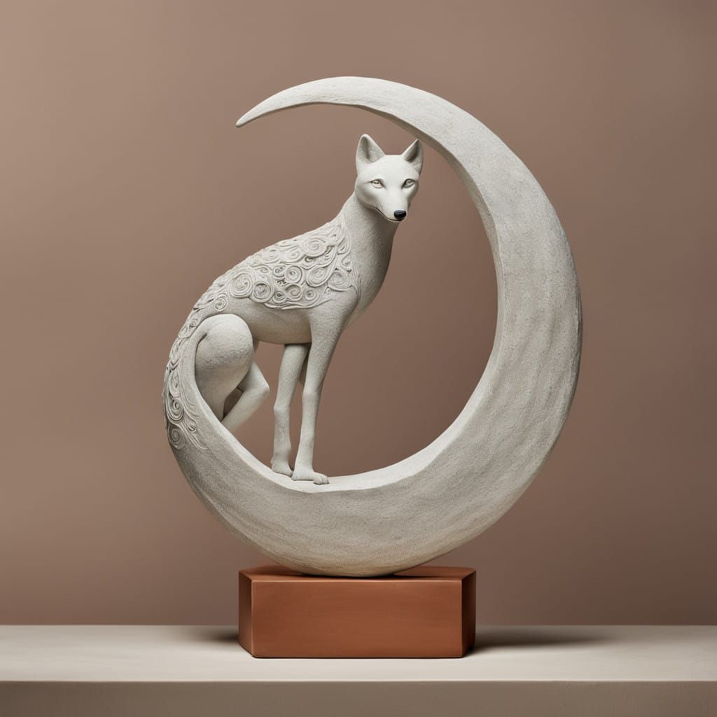 Serene Clay Moon Goddess with Clay Wolf Guardian in Earthy T...