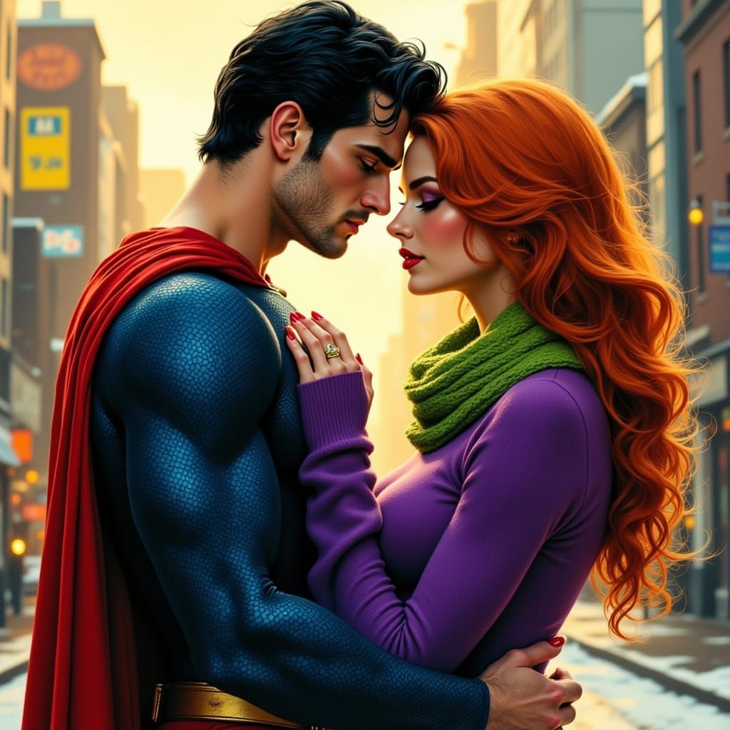 Superman Embraces Woman in Gotham City Romantic Scene