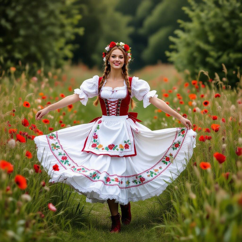 Cat Dancing in Boots on Flower Meadow