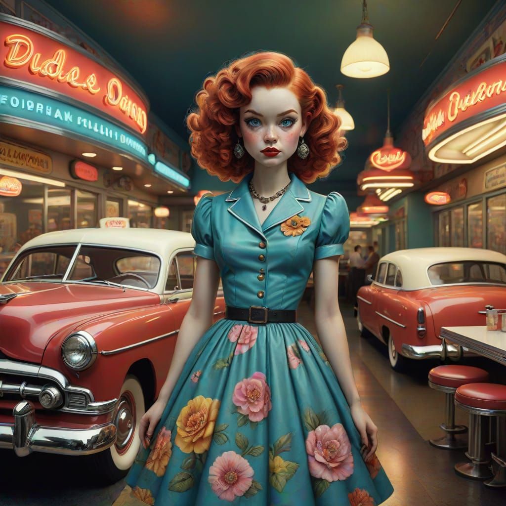 Vibrant Woman in 1950s Diner Scene, in a Bold, Colorful Styl...