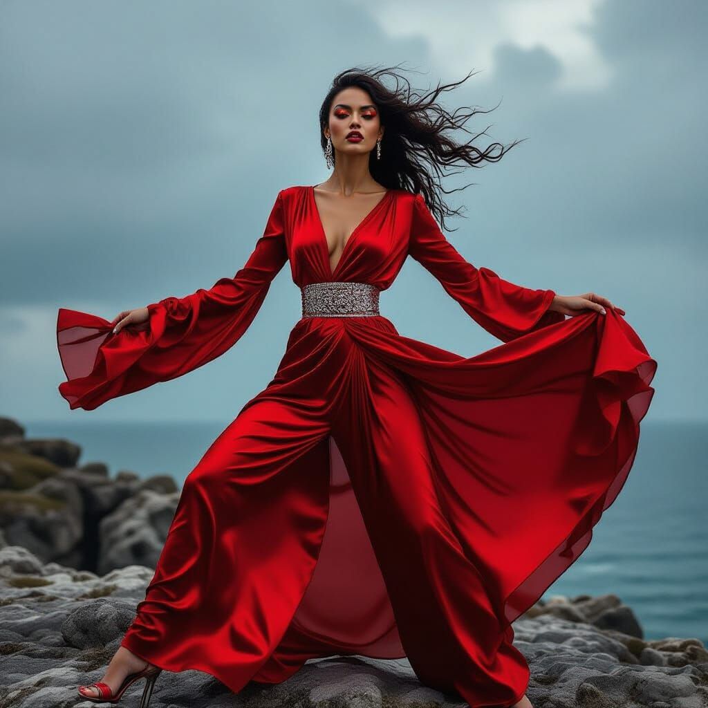 Fashion Model on Cliff in Dramatic Lighting