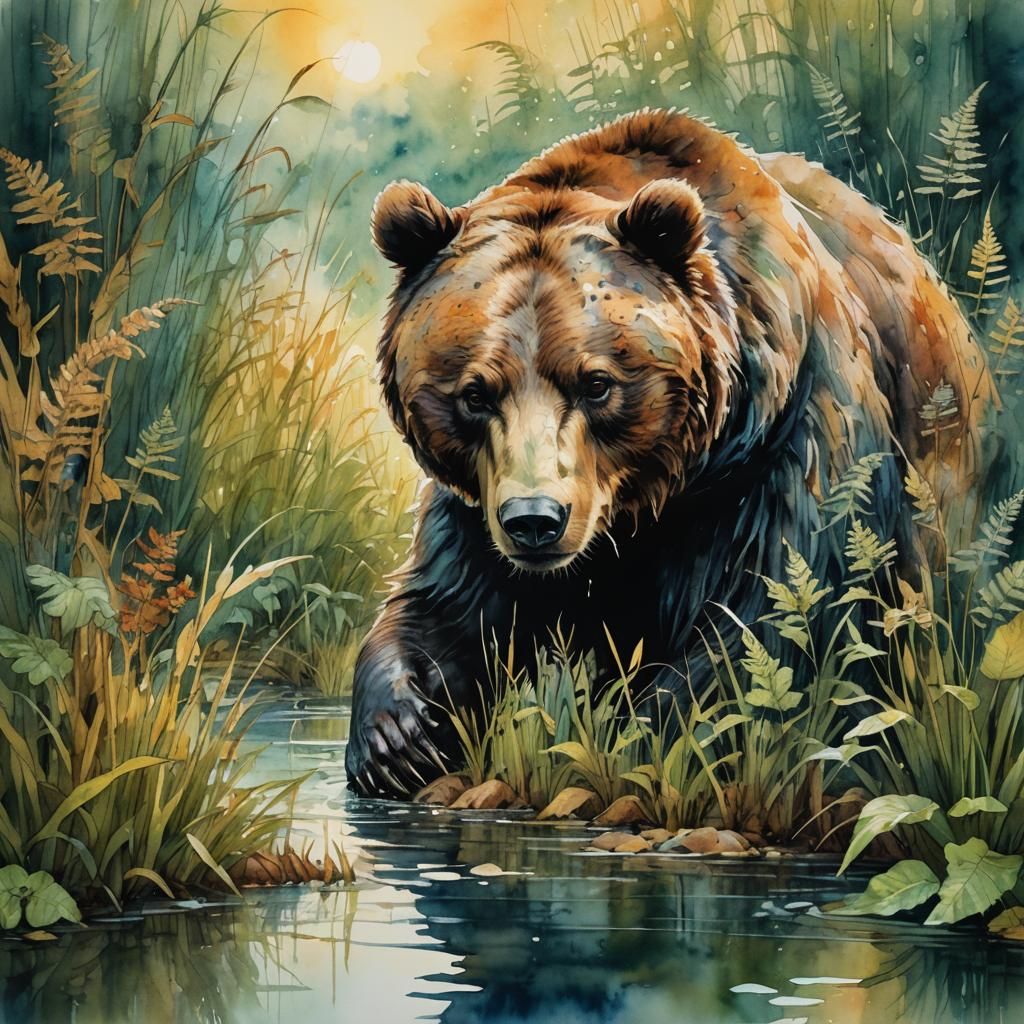 Bear Fishing in Pond: Fantasy Watercolour Art