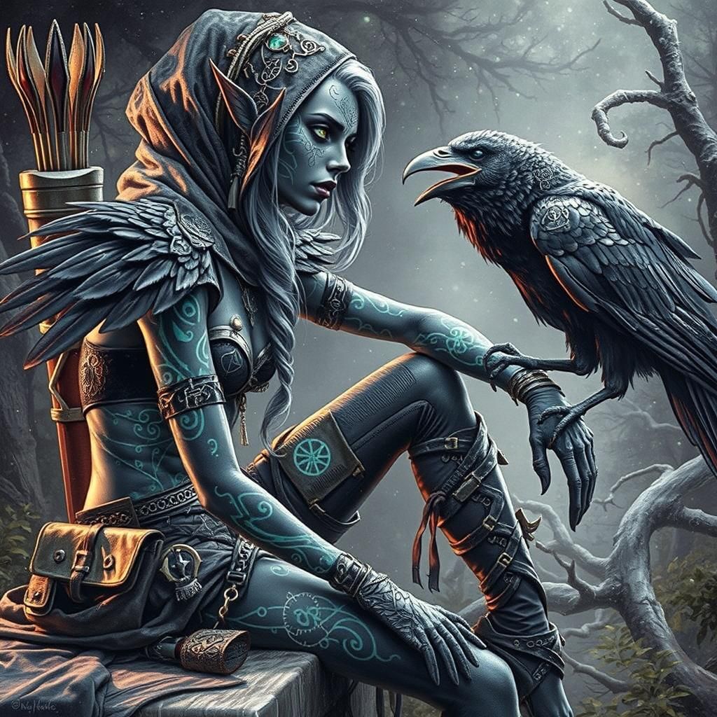 Erakasyne Baenre -- drow ranger sitting with Kaaasa her huge raven companion resting on her arm