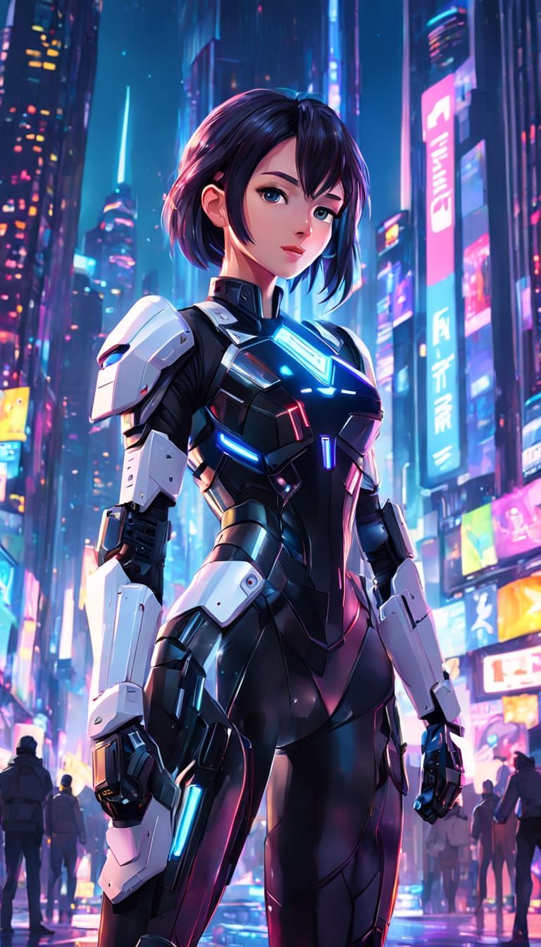 Girl in Neon City, Holding Nintendo Switch in Futuristic Arm...