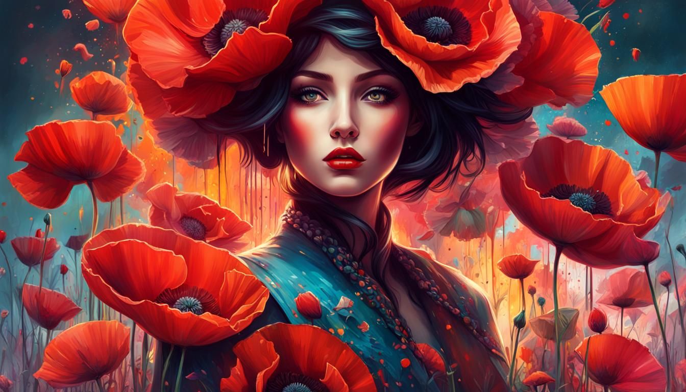 Beautiful Girl in Poppies: Abstract Graffiti Art