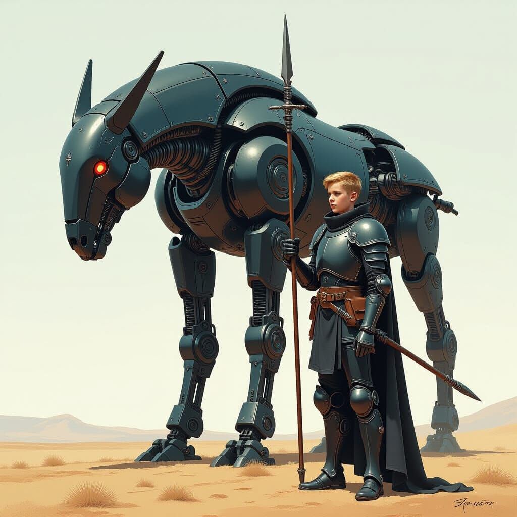 Mechanical Steed and Armored Initiate in Futuristic Style