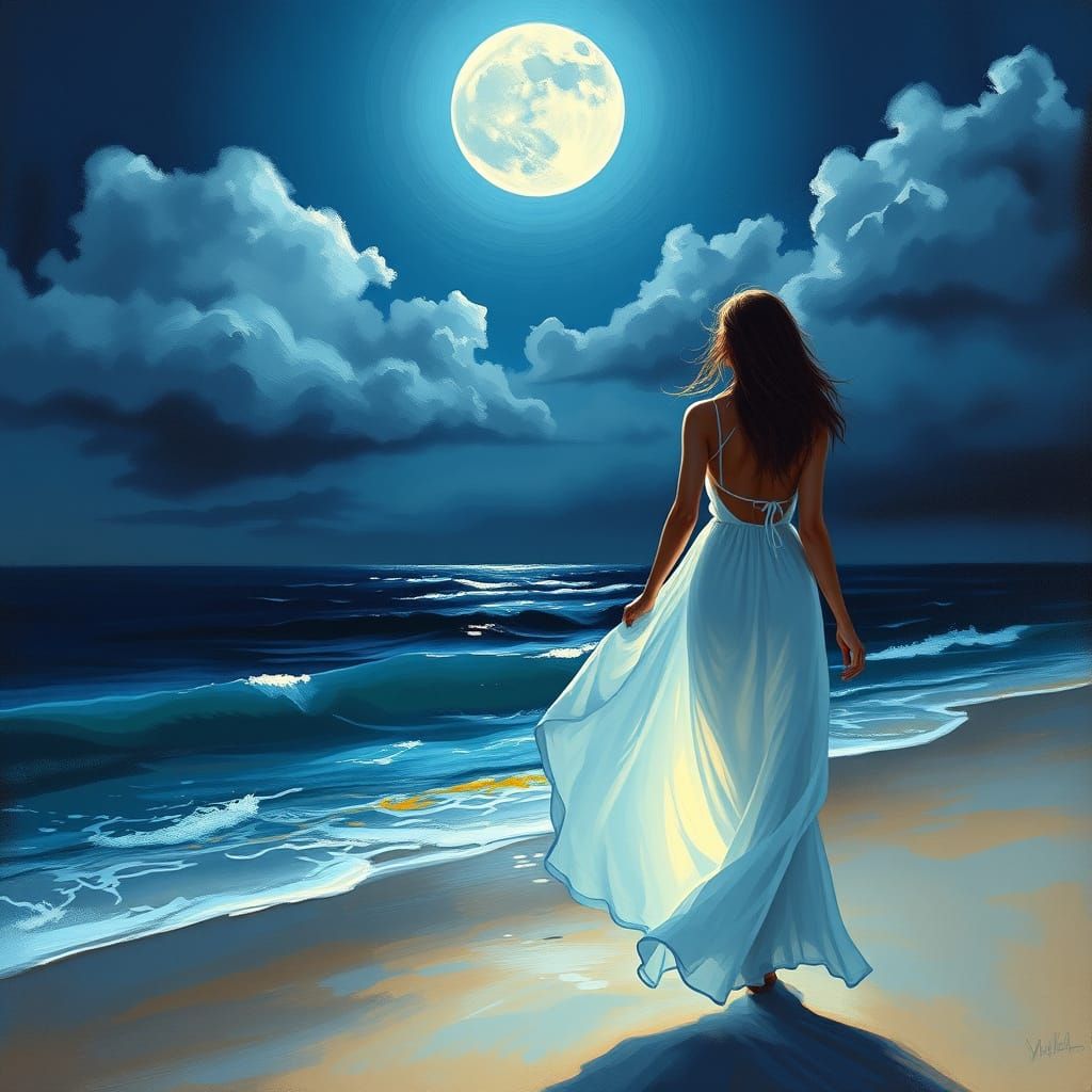 Moonlit Beach Walker in Painterly Style