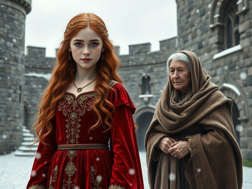 Medieval Princess with Rose Red Hair and Nanny in Snowy Cour...