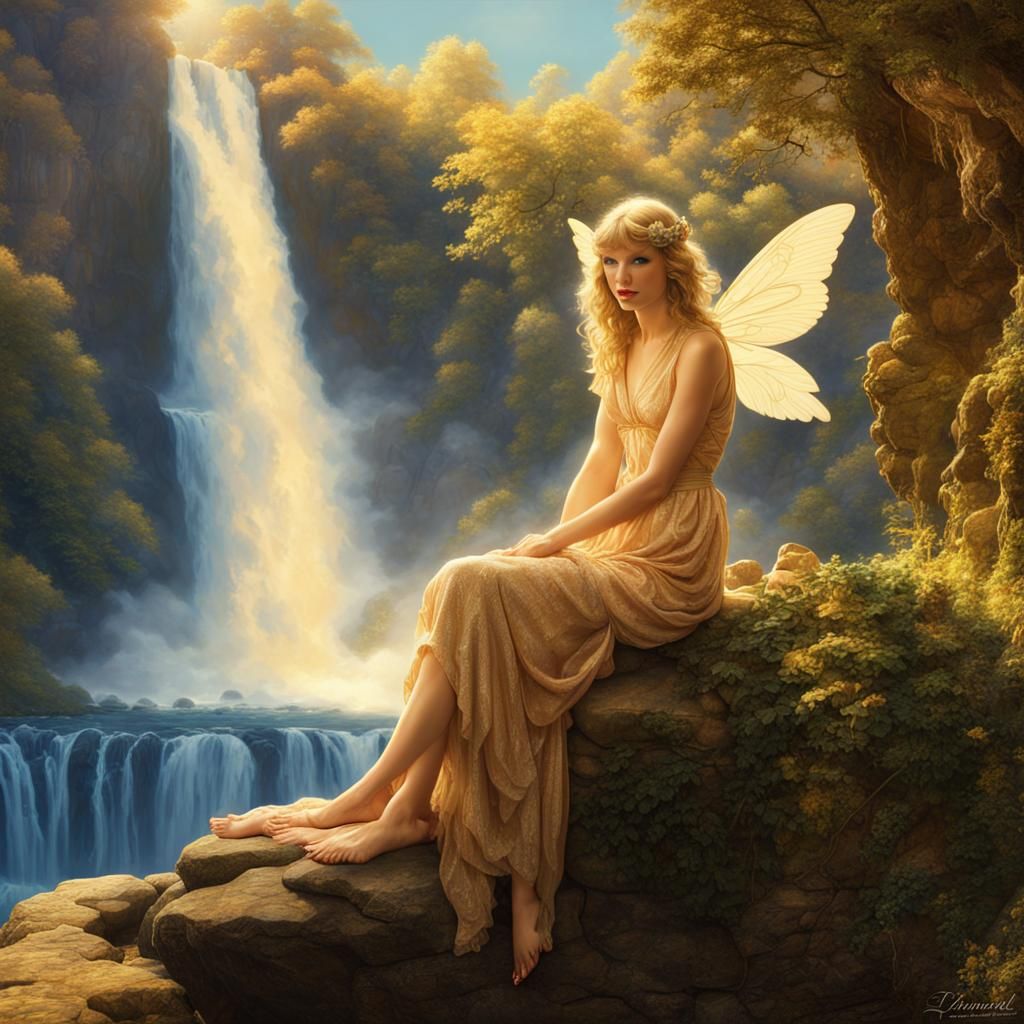 Winged Fairy by Waterfall, Luminescent Digital Art