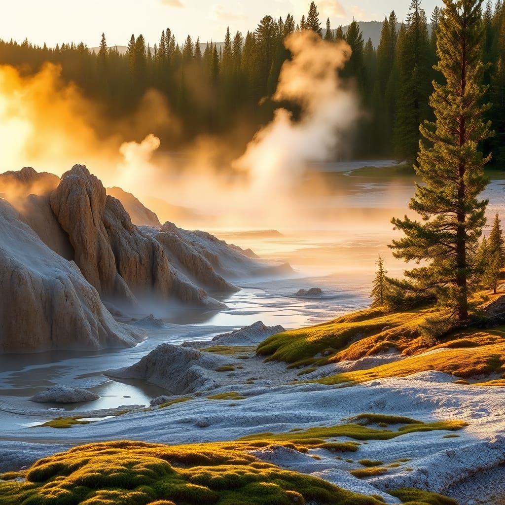 Yellowstone Geyser Basin at Dawn in Dramatic Landscape Style