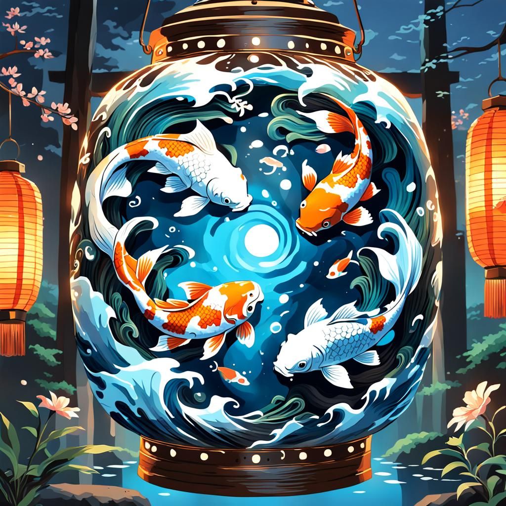 Yin Yang Koi Fish Lantern in Anime Style