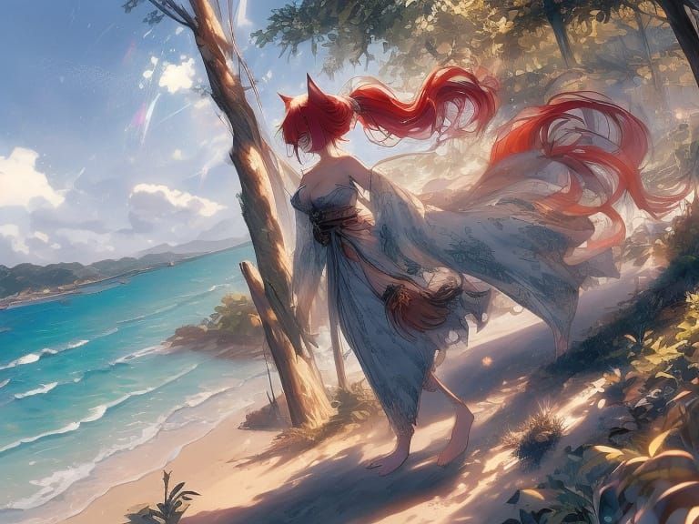 Catgirl on Beach in Expressionist Manga Style