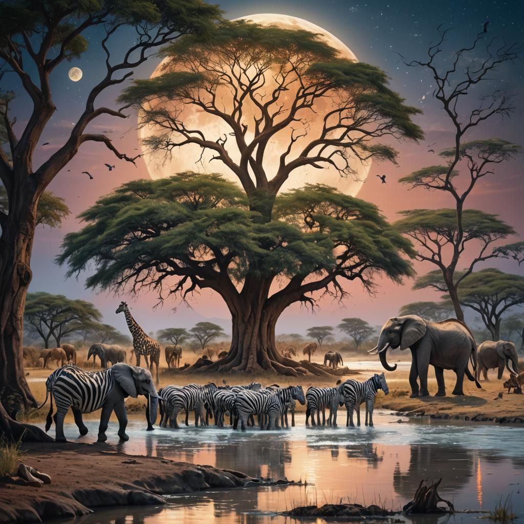 African River Wildlife Gathering: Fantasy Matte Painting