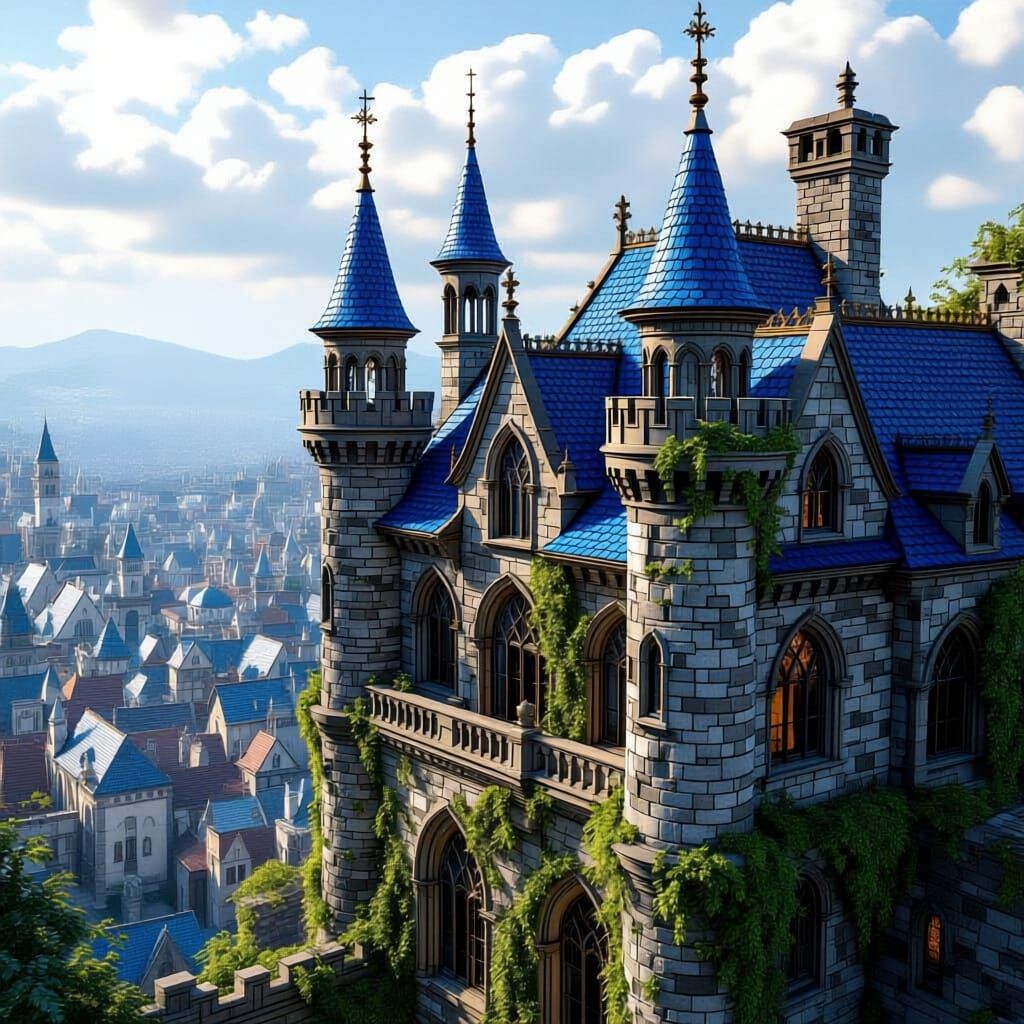 Gothic Medieval Manor with Blue Minarets Overlooking City