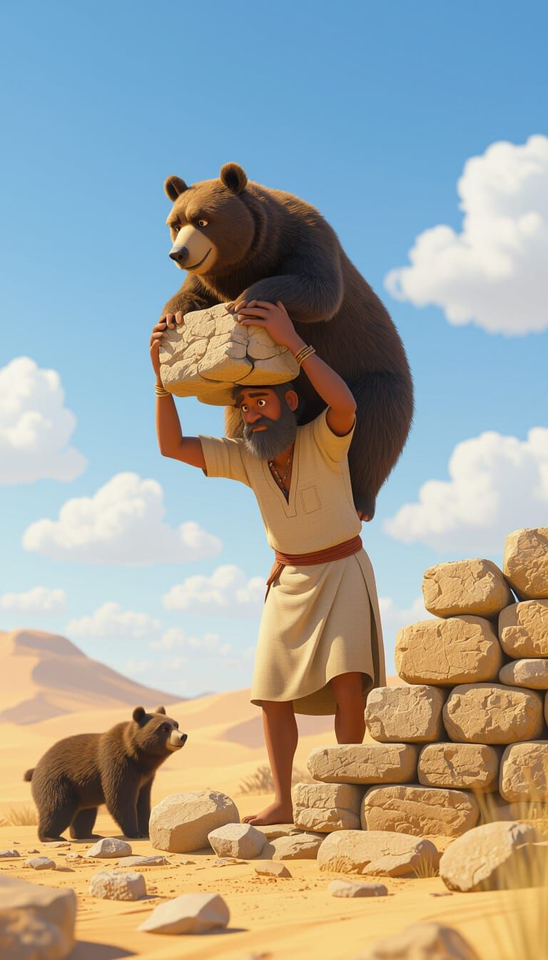 Indian Farmer and Bear Build Desert Stone Wall in Pixar Styl...