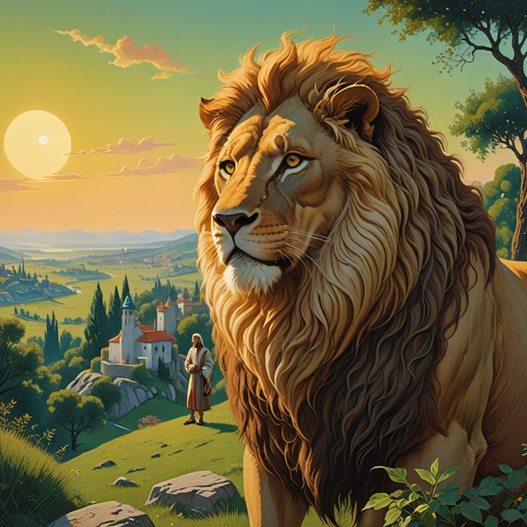Majestic Lion Meets the Messiah in a Dreamlike Landscape