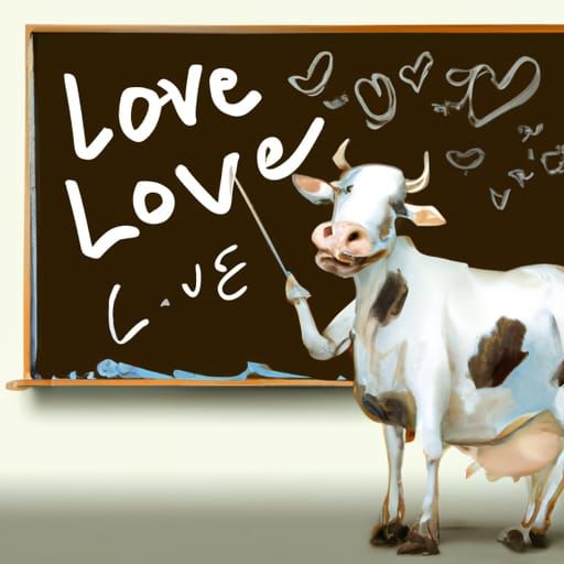 Surreal Cow Teacher Writes Love on Blackboard