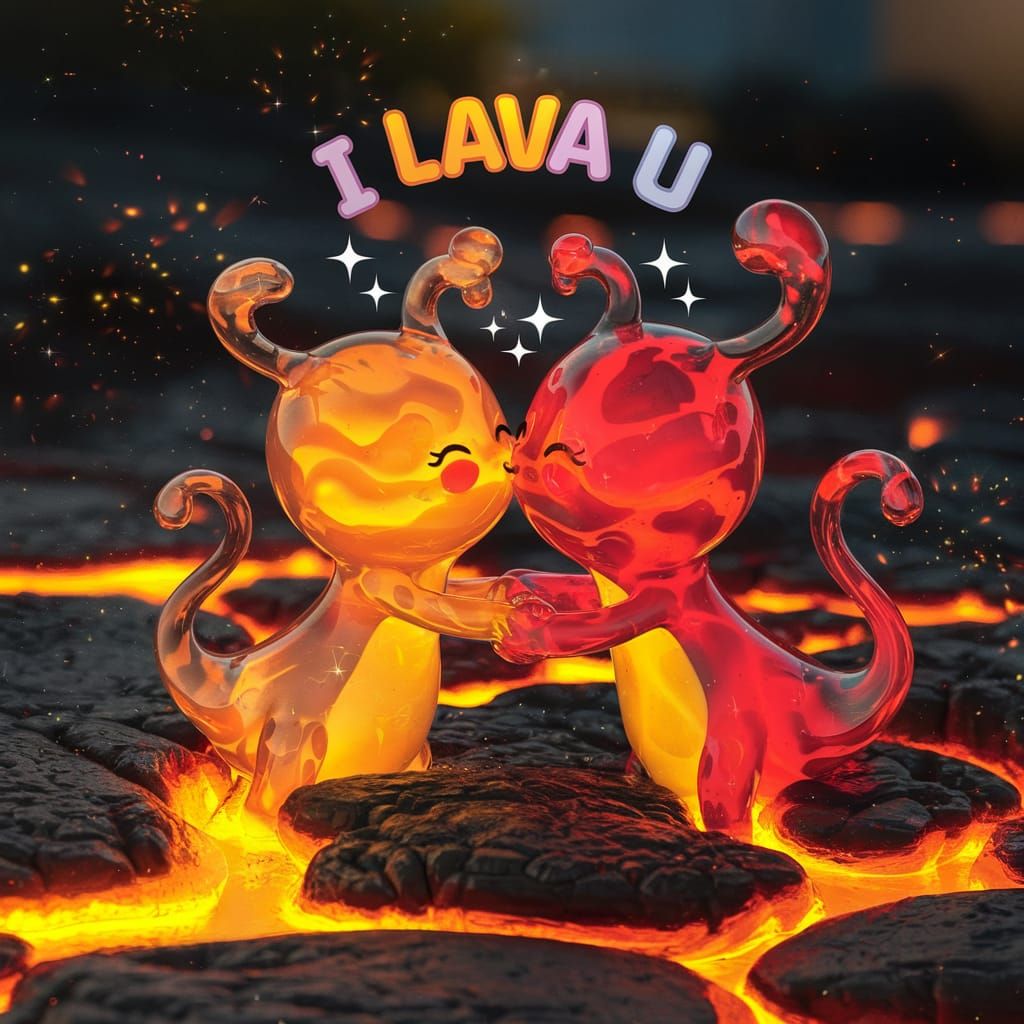 Adorable Lava Creatures Kissing in Fiery Landscape