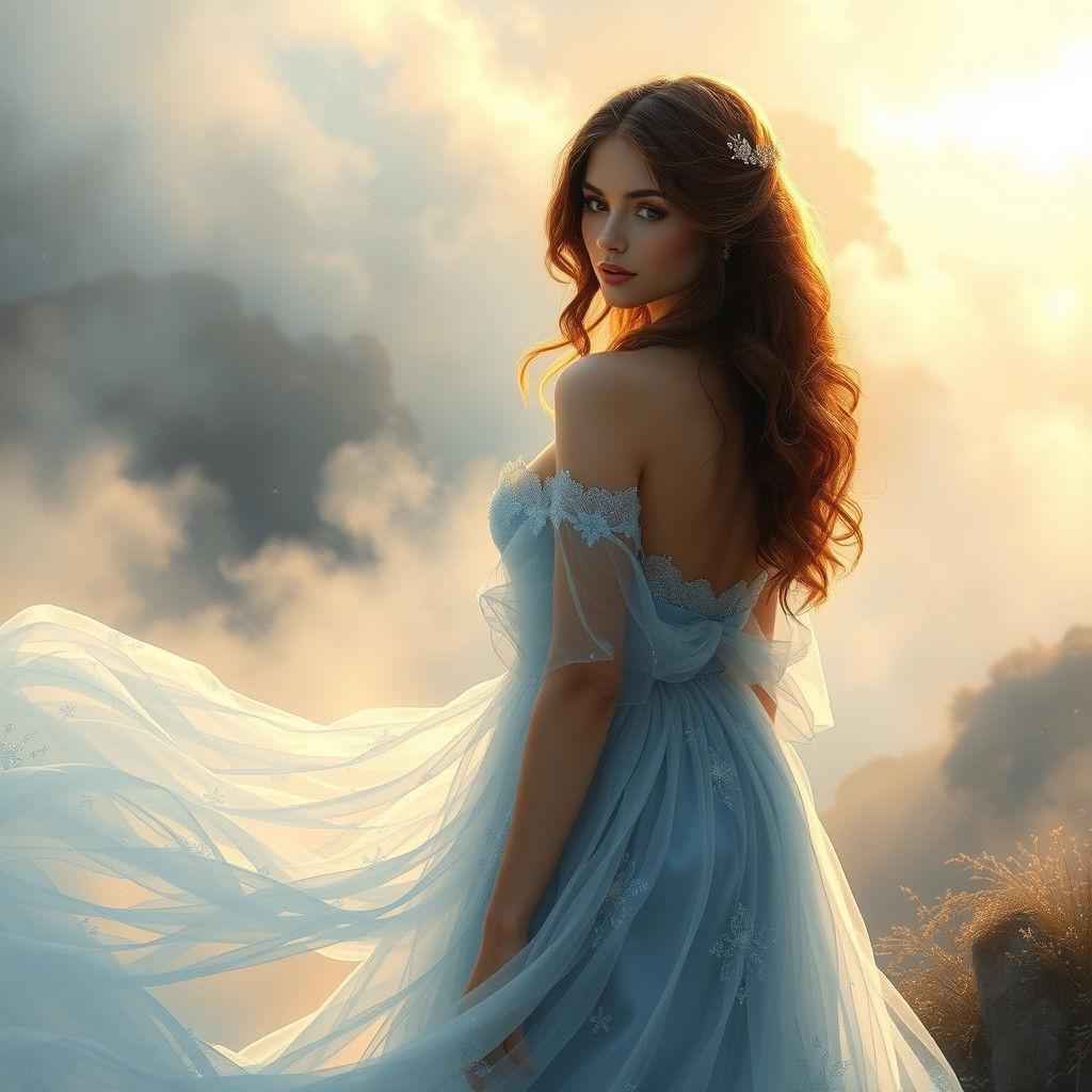 Ethereal Woman in Heavenly Landscape