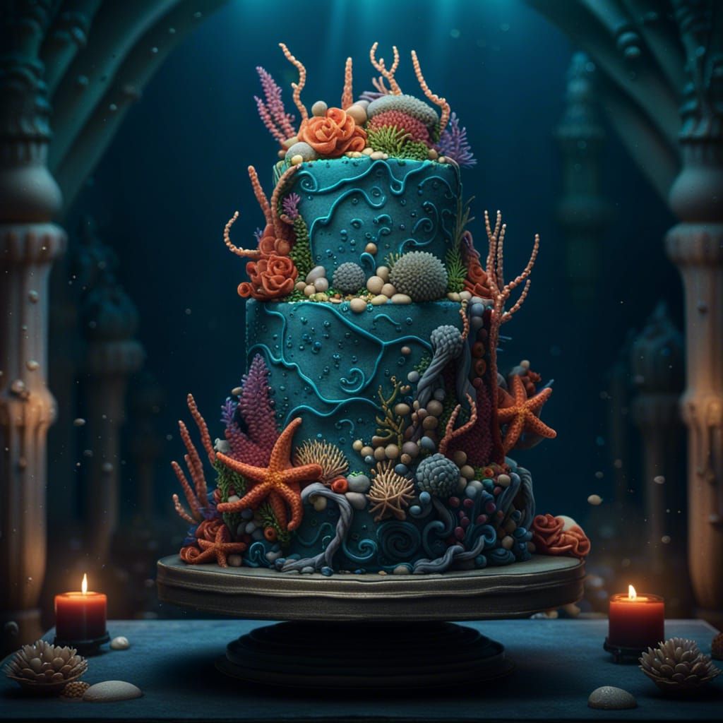 Seabed Themed Wedding Cake in Hyperrealistic Style