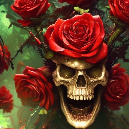 Mossy Skull with Roses in Art Nouveau Style