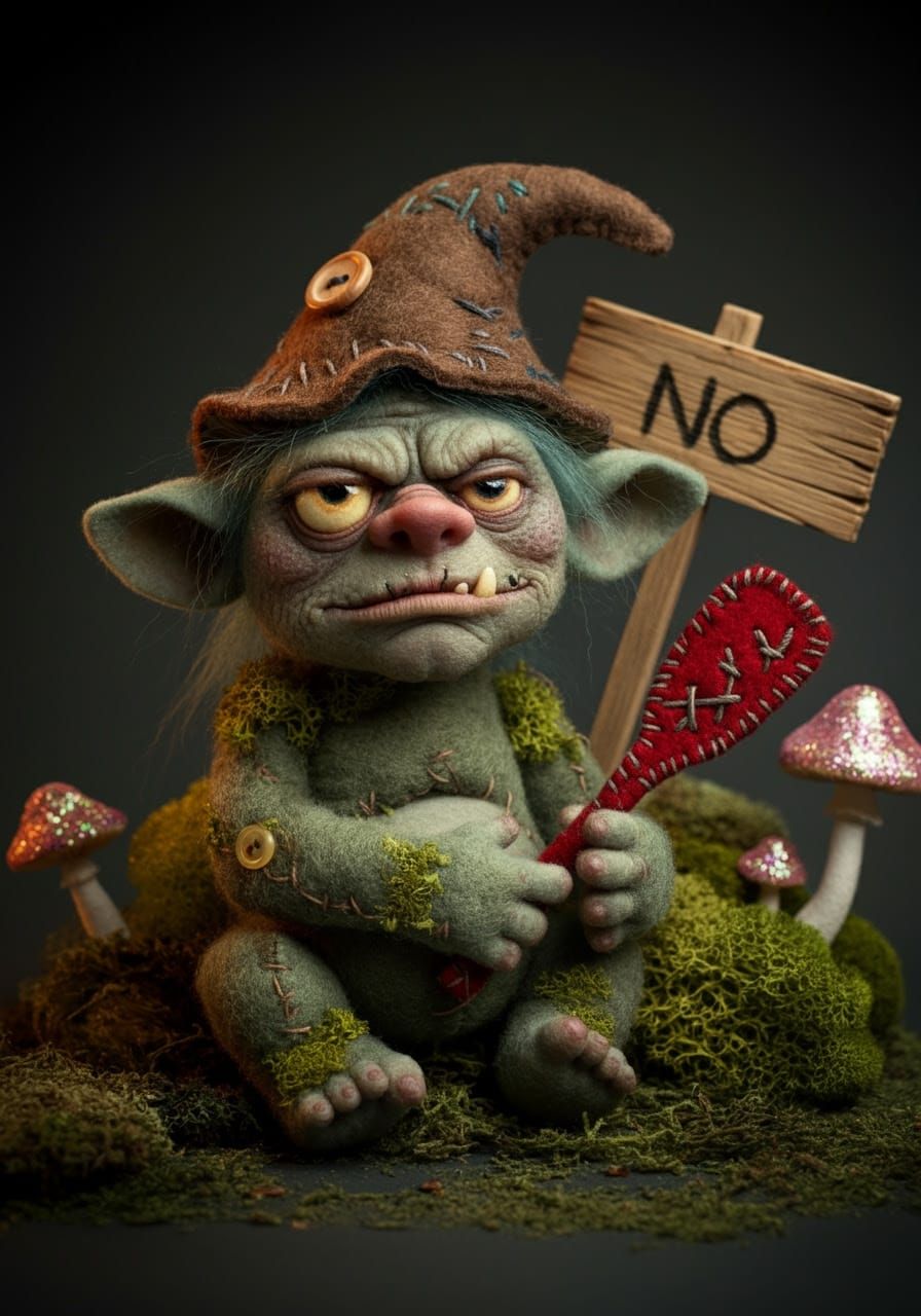Grumpy Plush Troll with Downvote Paddle