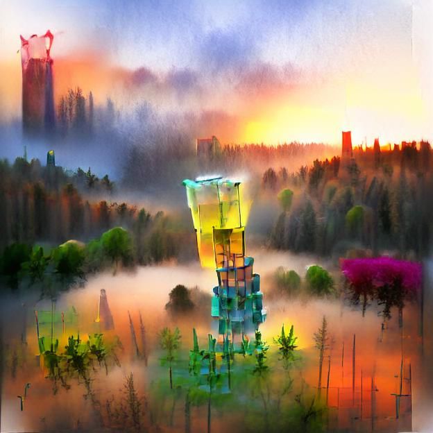 Futuristic Tower Emerges from Misty Forest