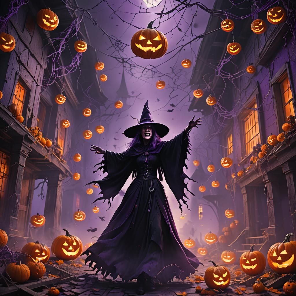 Eerie Witch Screaming in Haunted House, Dark Fantasy Art