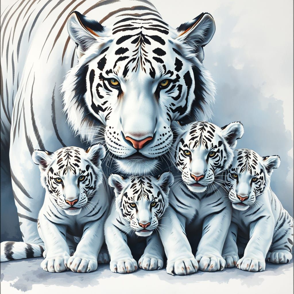 White Tiger Family in Gouache Impressionist Style
