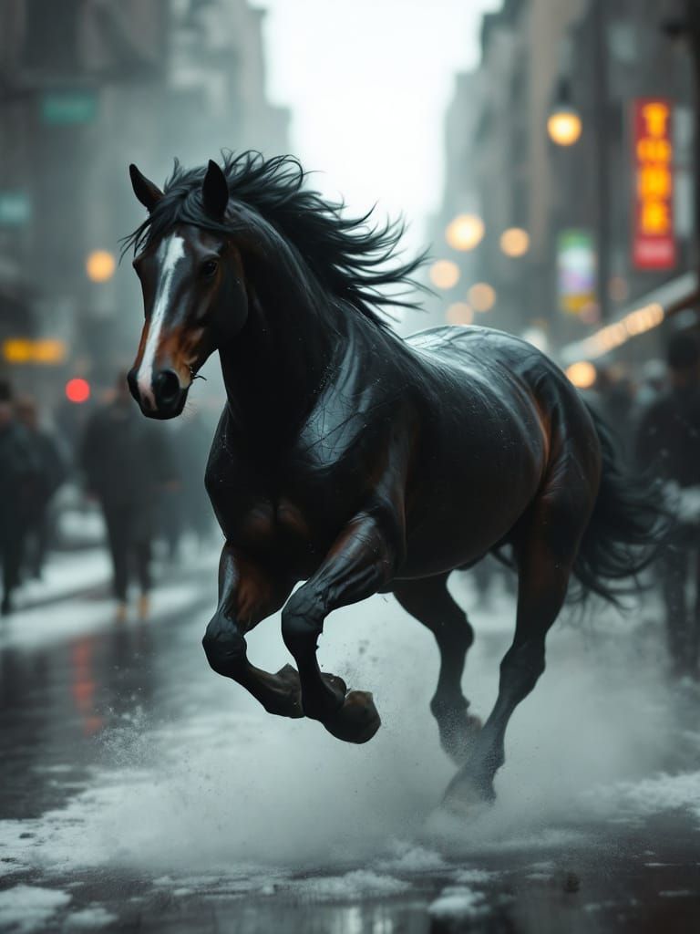 Surreal Urban Portrait: Horse Amidst Blurred Chaos