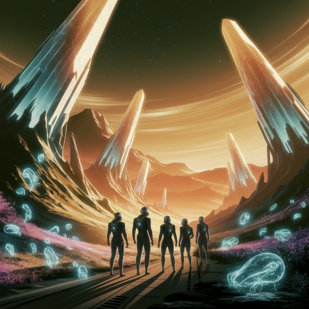 Alien Explorers Discover Crystalline Valley in Cosmic Style