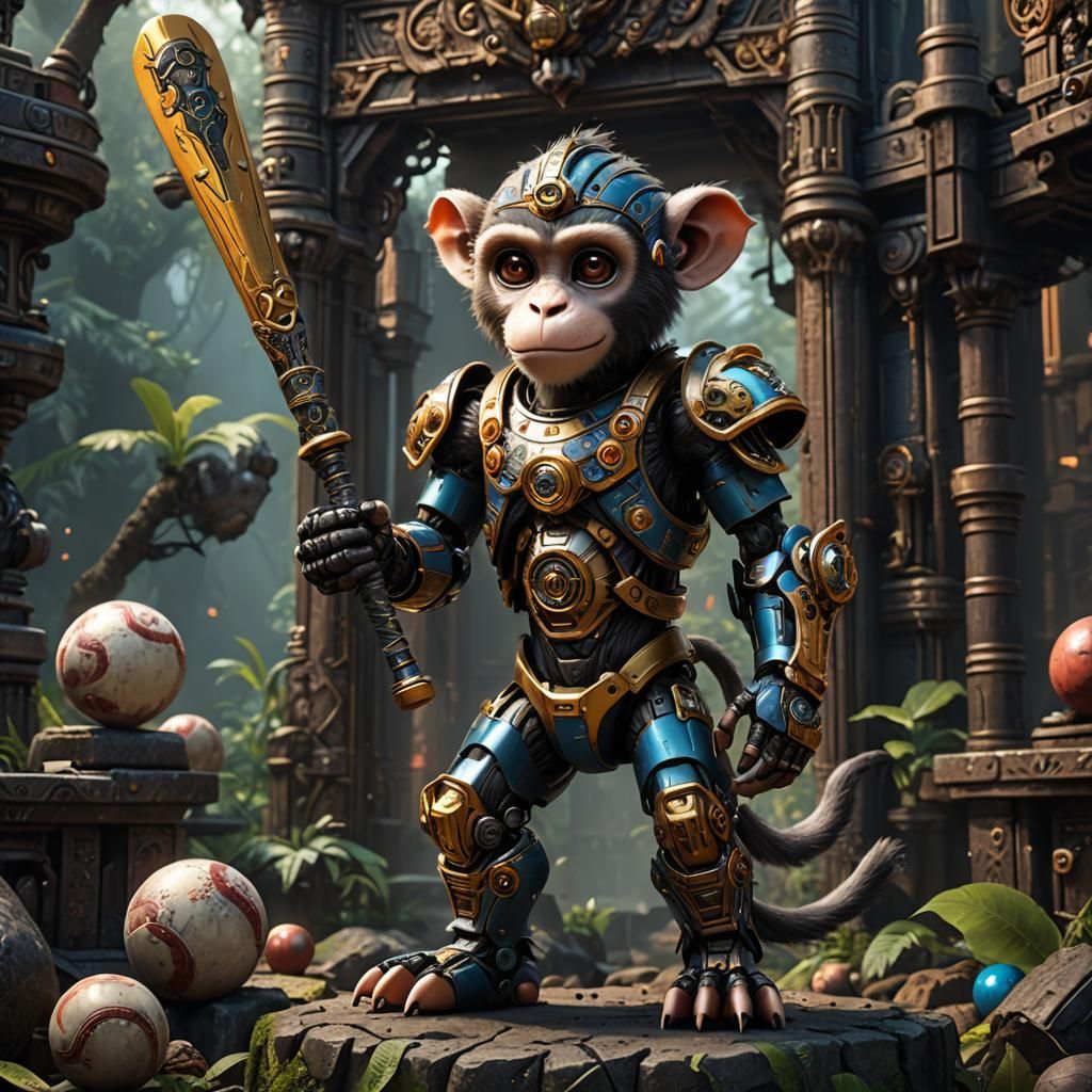 Robot Monkey with Baseball Bat in Detailed Matte Painting
