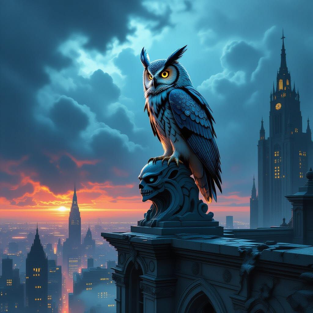 Mechanical Owl on Gargoyle in Neon City