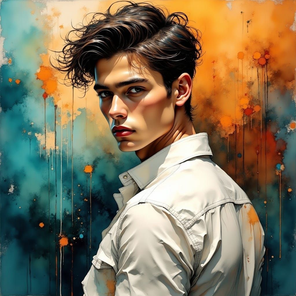 Handsome Young Man with Confident Air in Vibrant Abstract Ba...