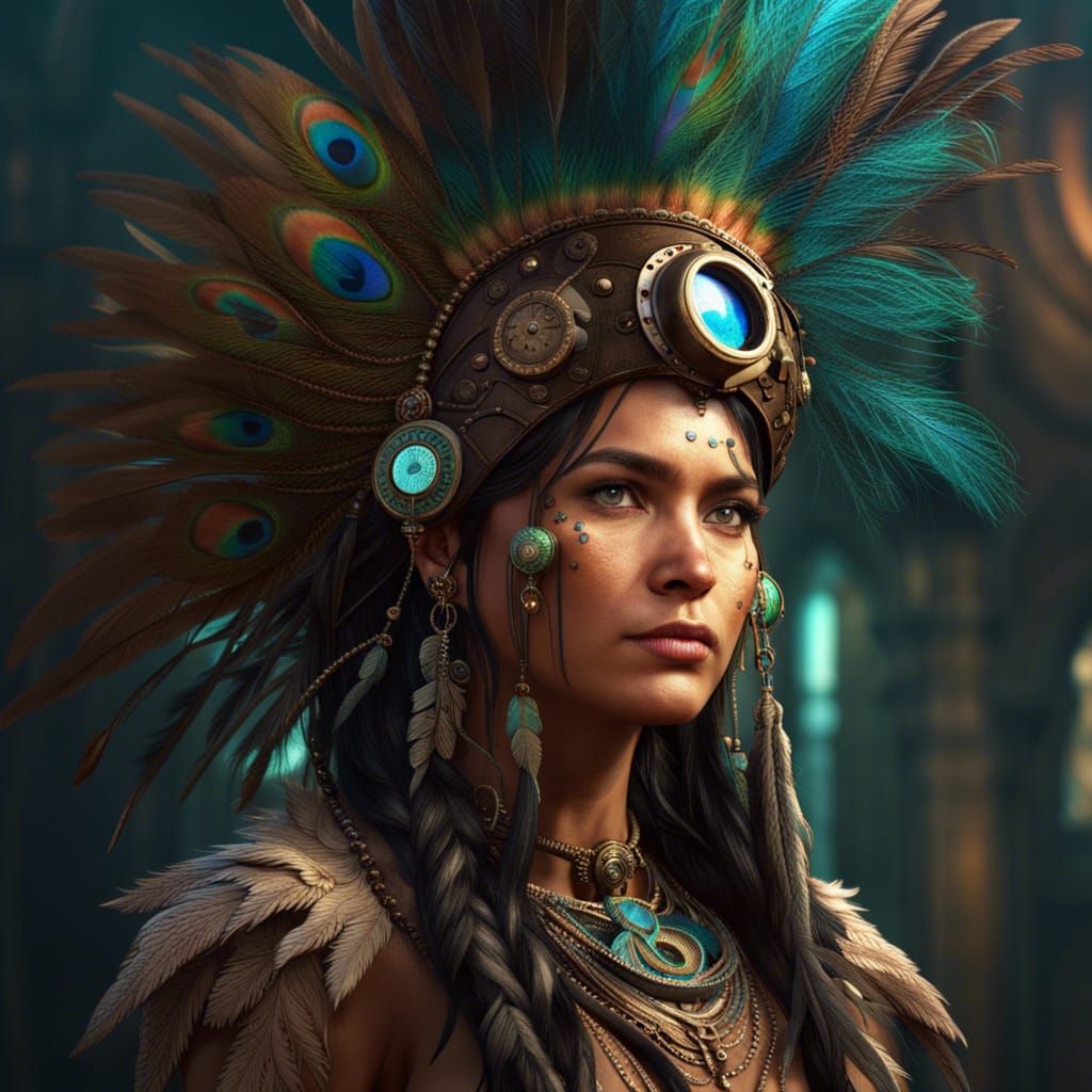 Steampunk Native American Woman with Peacock Feathers