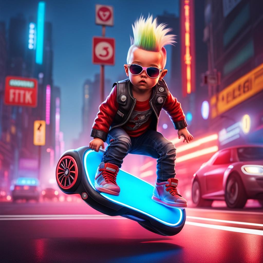 Tough Toddler Rides Hoverboard in Hyperrealistic Cityscape