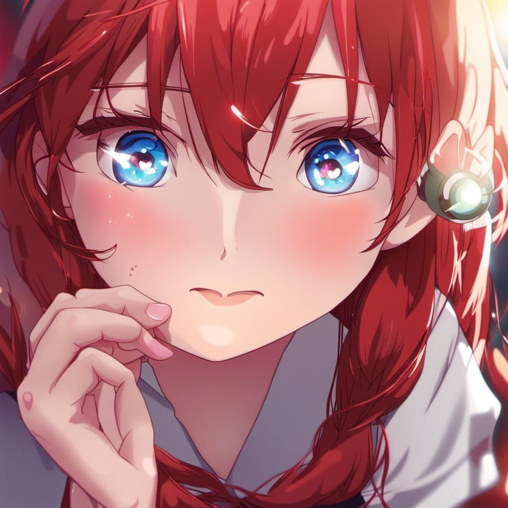 Anime Girl with Red Hair and Ruby Eyes