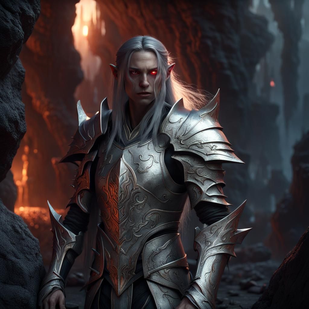 High Elf in Silver Armor Contemplating in Cave