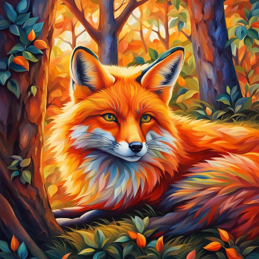 Fox Resting at Sunset: Expressionist Oil Painting