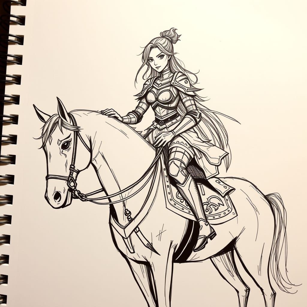 Beautiful Woman in Armor Riding Horse Sketch