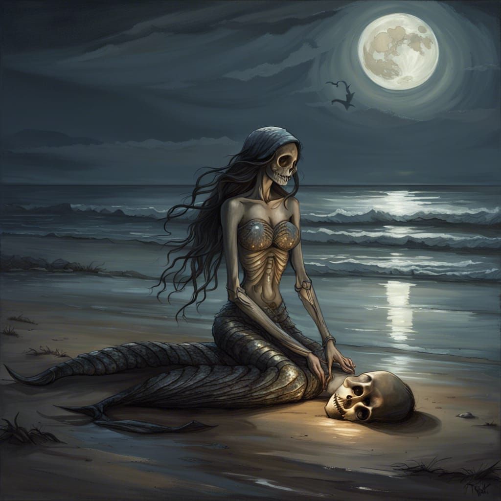 skeletal mermaid on the shore of the beach in the style of John William Waterhouse, illuminated by the full moon