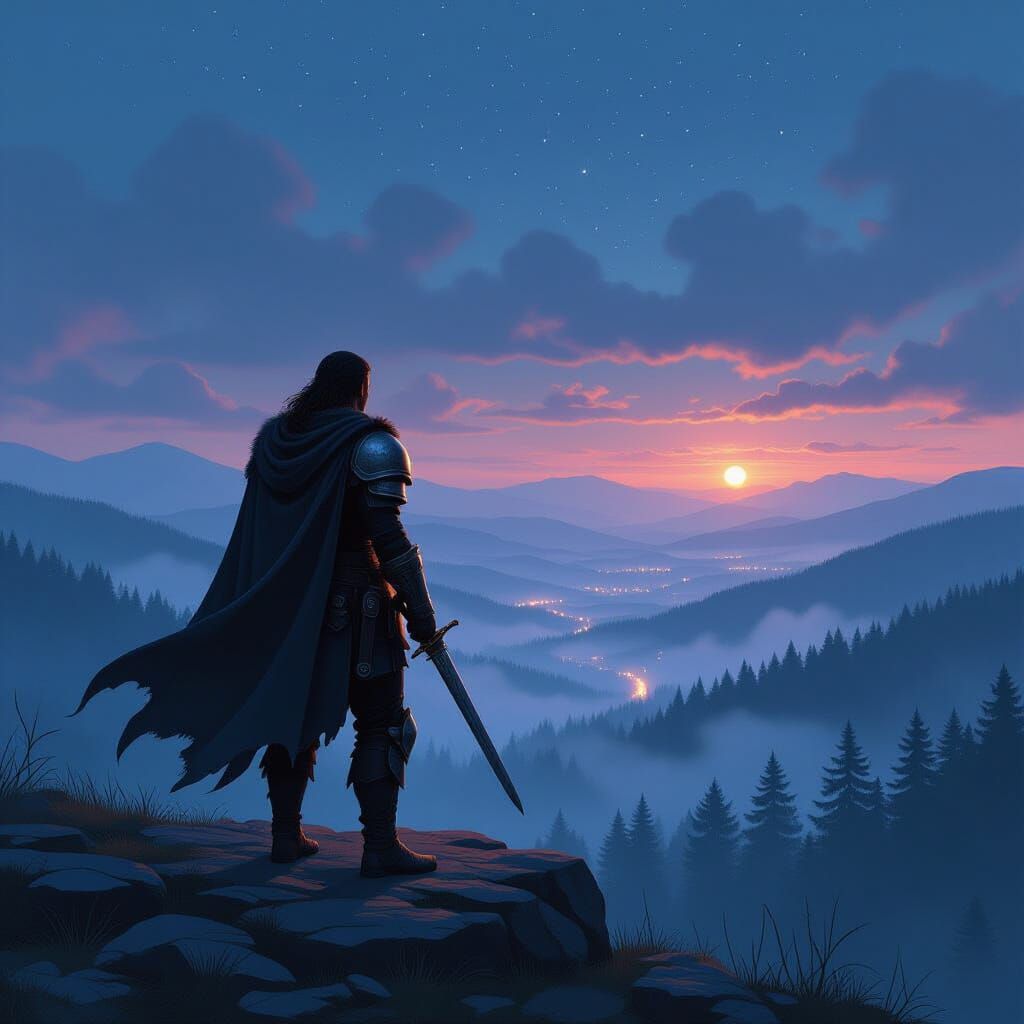 Figure on Rocky Peak at Night in Atmospheric Style