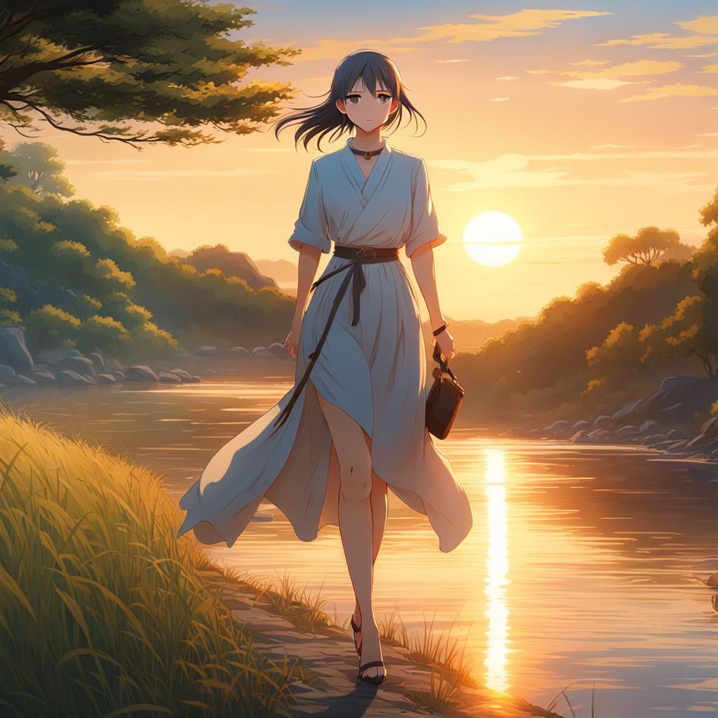 Beautiful Woman Walking in Anime Style Sunset