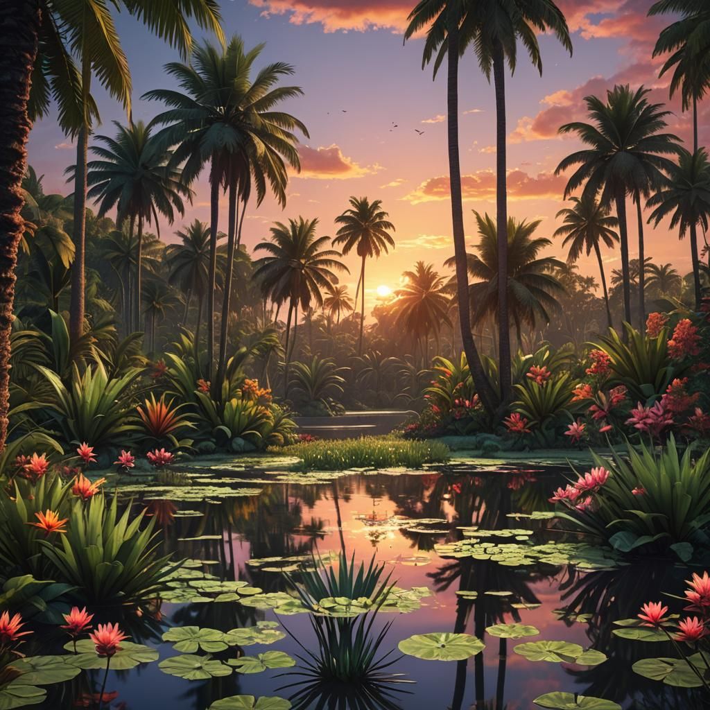 Tropical Lagoon Sunset in Detailed Matte Painting